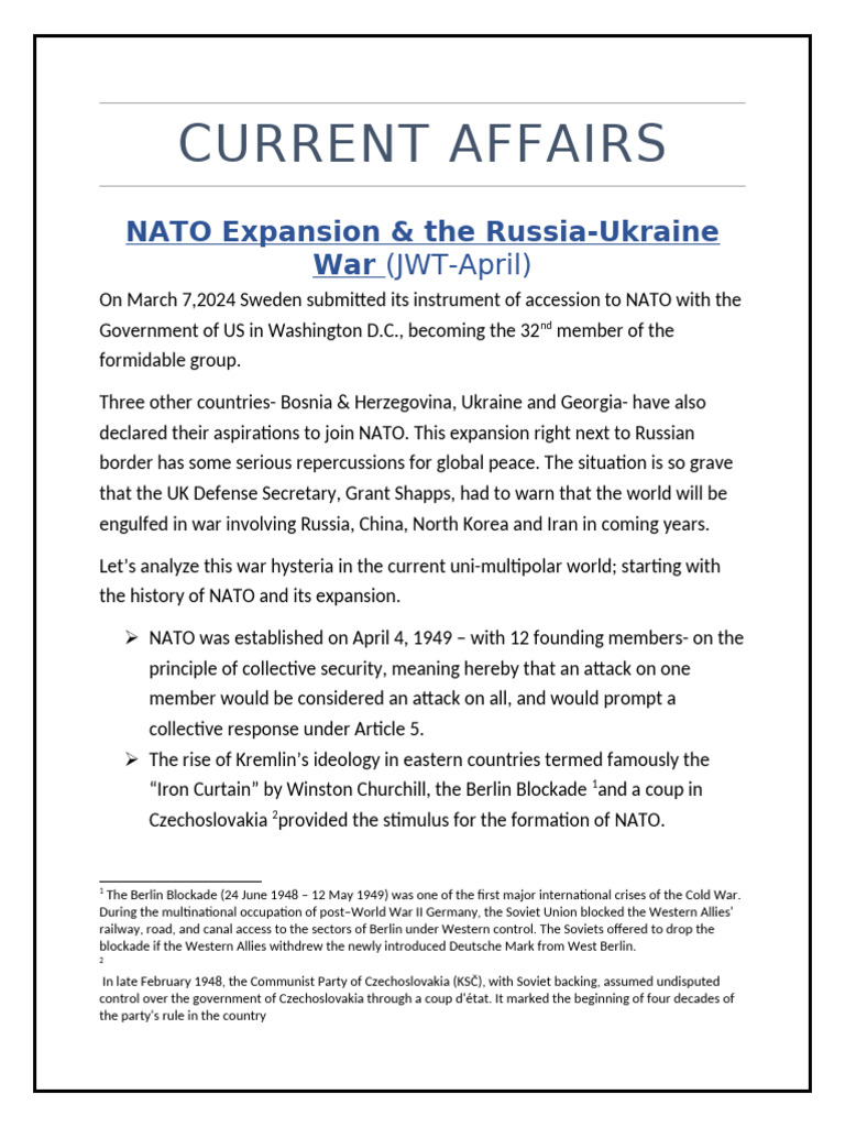 Current Affairs (International) | PDF | Nato | Warsaw Pact