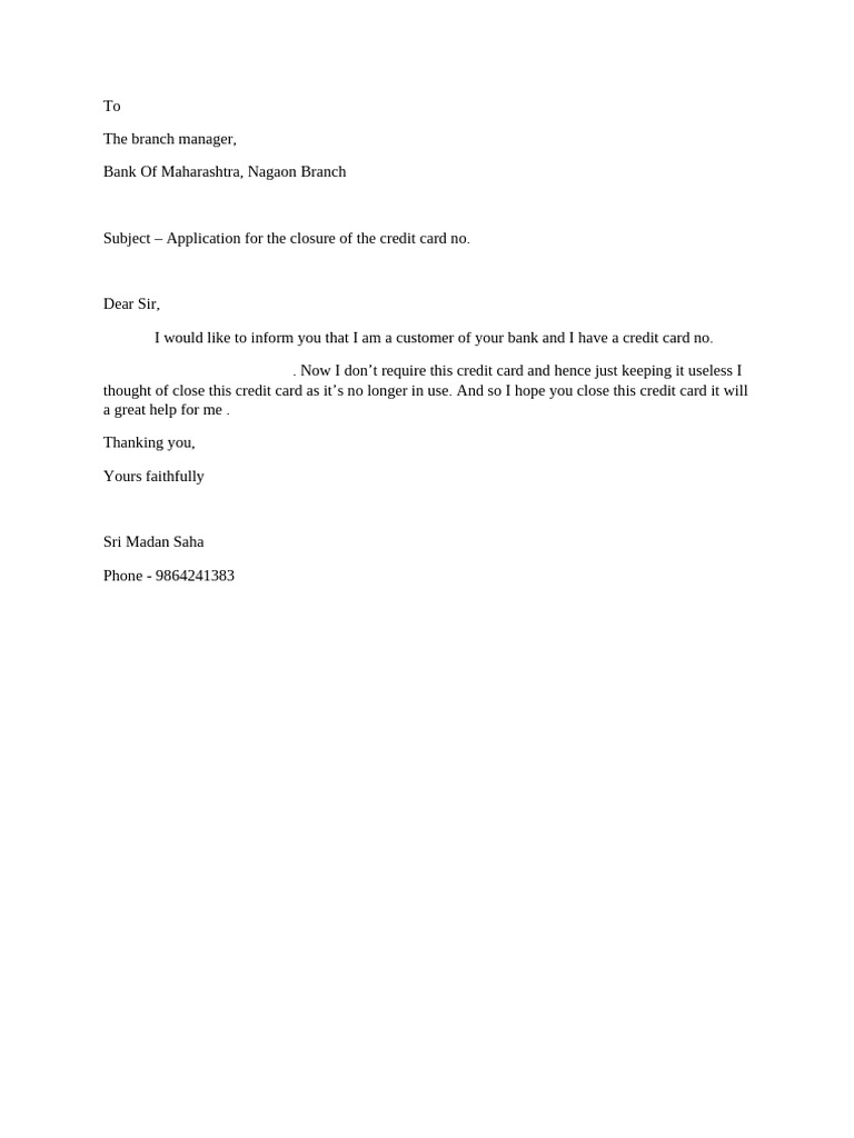 Credit Card Closure Application Letter | PDF