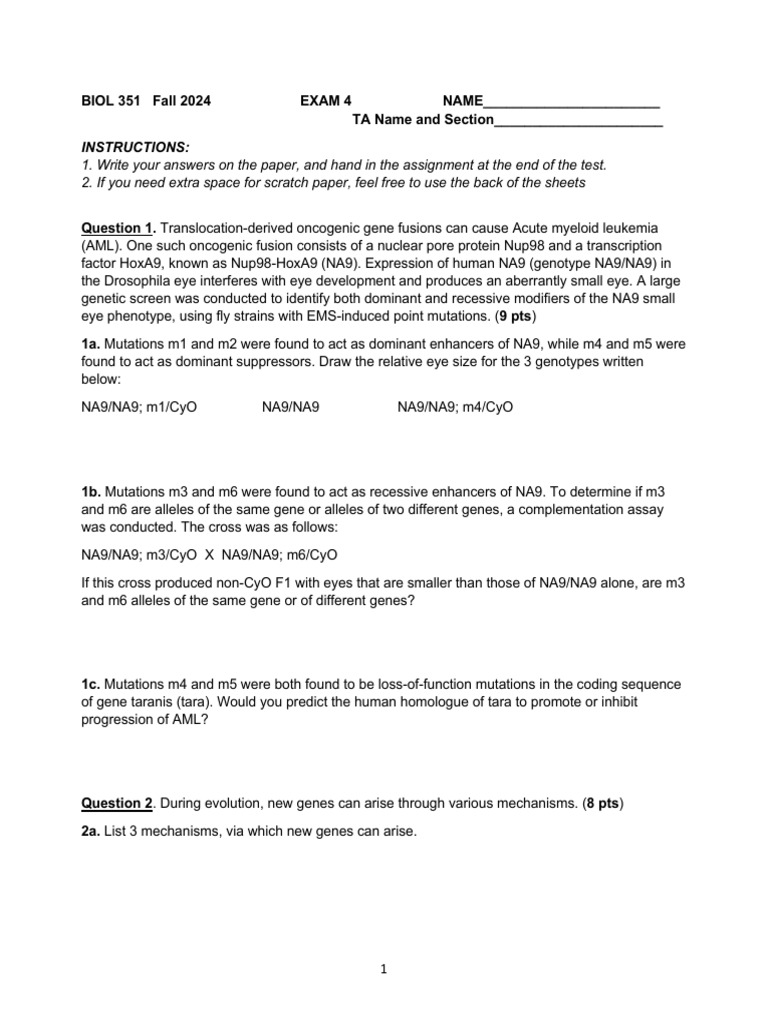 Bio 351 Final Exam | PDF | Gene | Mutation