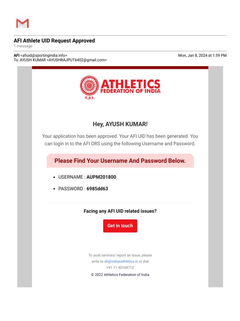 Gmail - AFI Athlete UID Request Approved | PDF