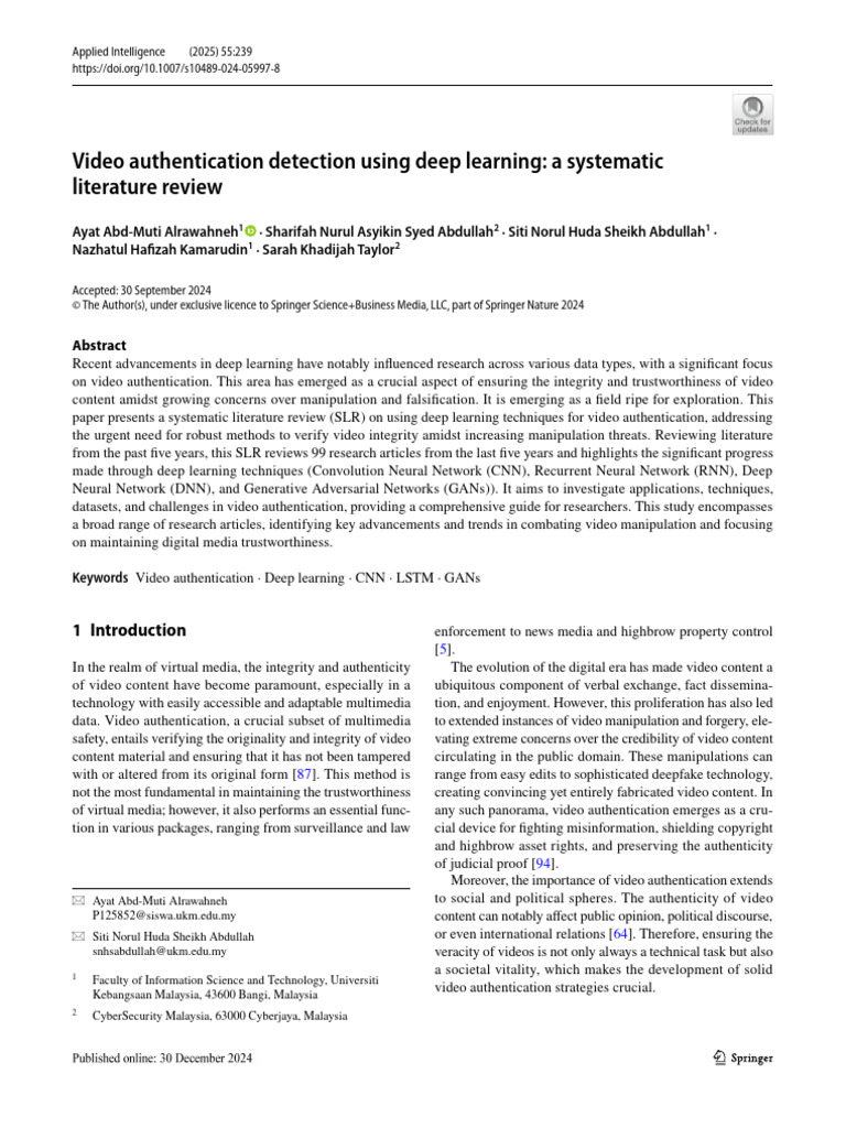 Video Authentication Detection Using Deep Learning A Systematic ...