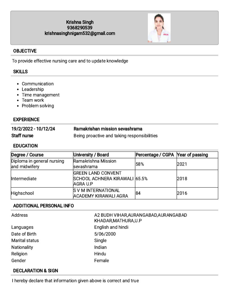 Nursing Resume of Krishna Singh | PDF
