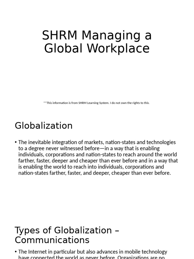 SHRM Managing a Global Workplace | PDF | Offshoring | Globalization