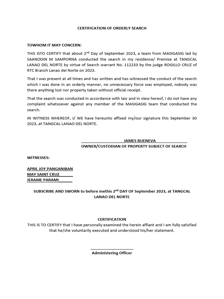 Certification of Orderly Search 2023 | PDF