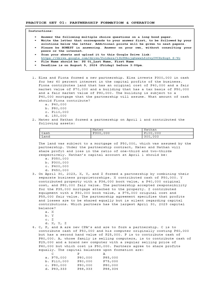 PS 01 Partnership Formation and Operation | PDF | Book Value | Partnership
