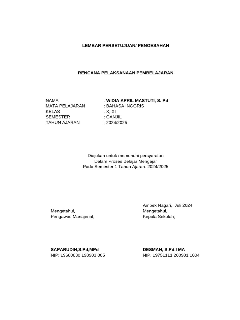 Lembar Pengesahan RPP | PDF