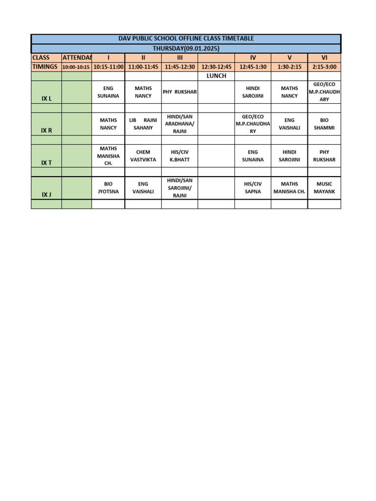 Thursday Class Timetable | PDF