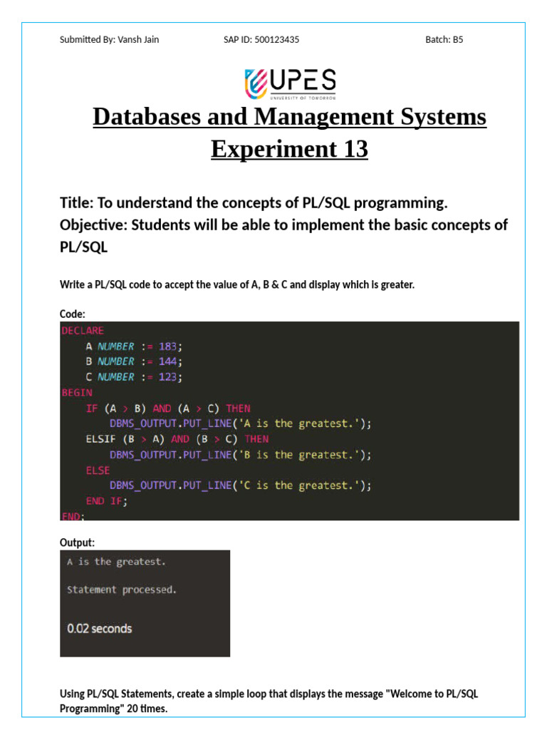 PL/SQL Programming Concepts and Exercises | PDF