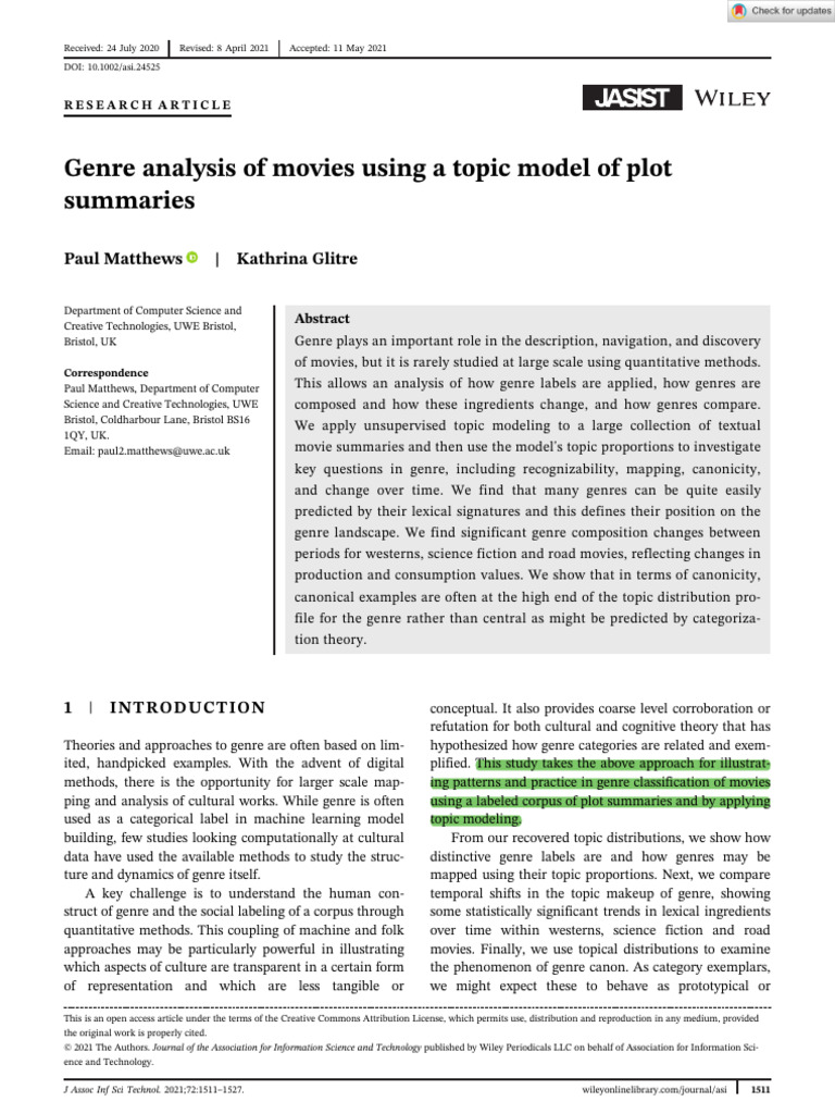 Movie Genre Analysis via Topic Modeling | PDF