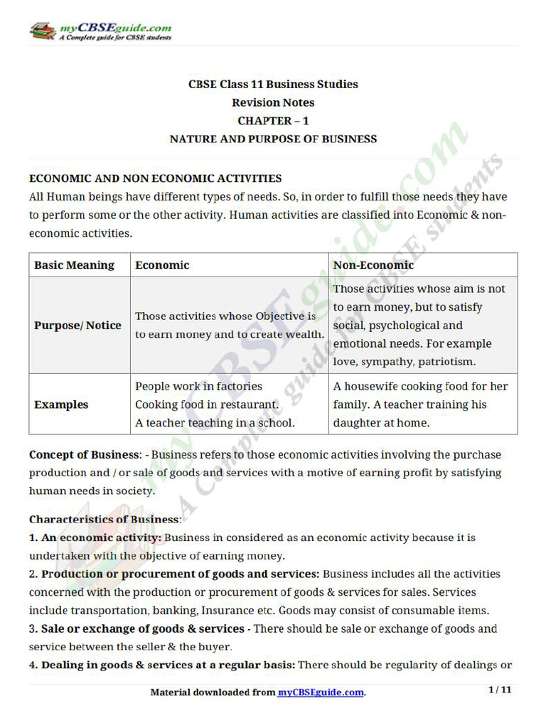 11 Business Studies Notes Ch01 Nature and Purpose of Business | PDF
