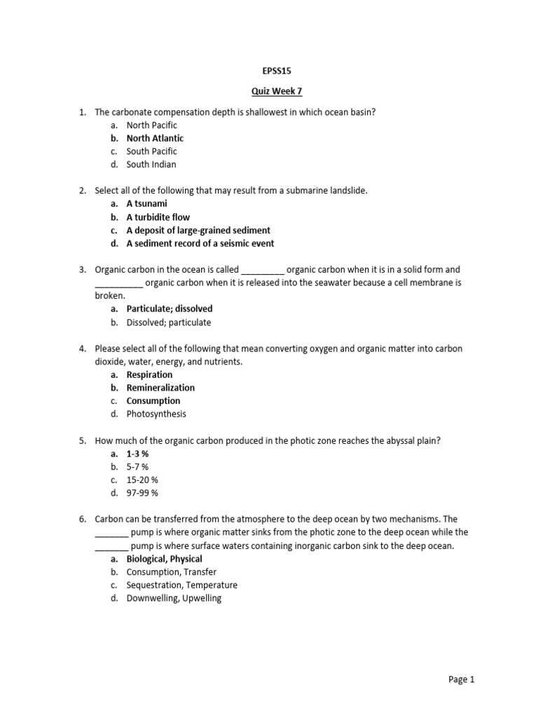Oceanography Quiz: Week 7 Review | PDF | Oceans | Sea
