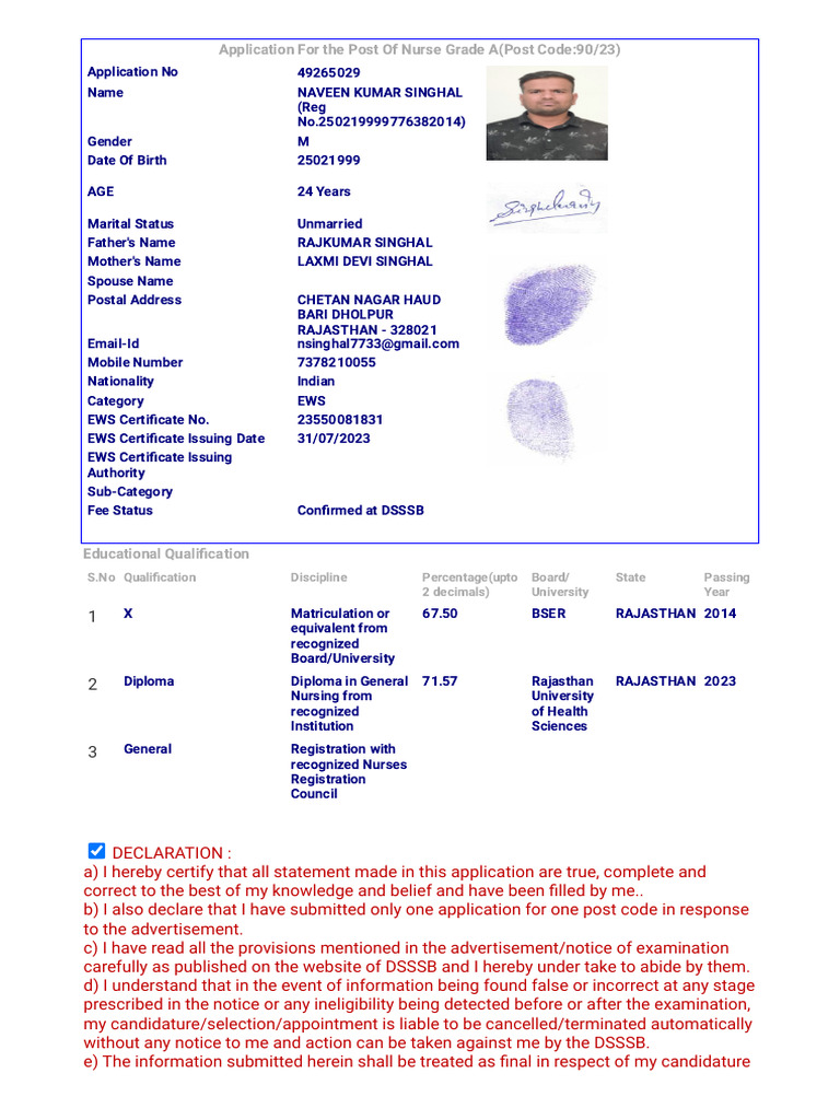 DSSSB Nurse Grade A Application Form | PDF