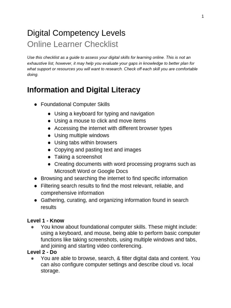 Digital Competency Levels - Online Student Checklist | PDF | World Wide ...