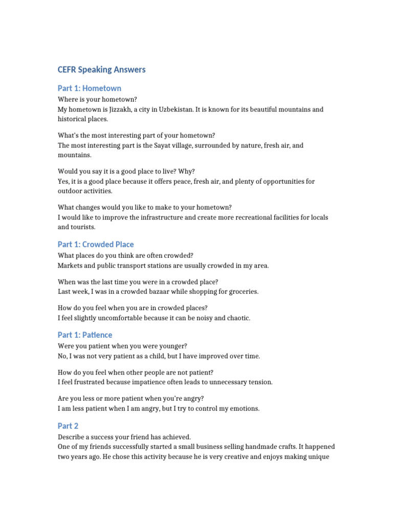 CEFR Speaking Test Sample Answers | PDF