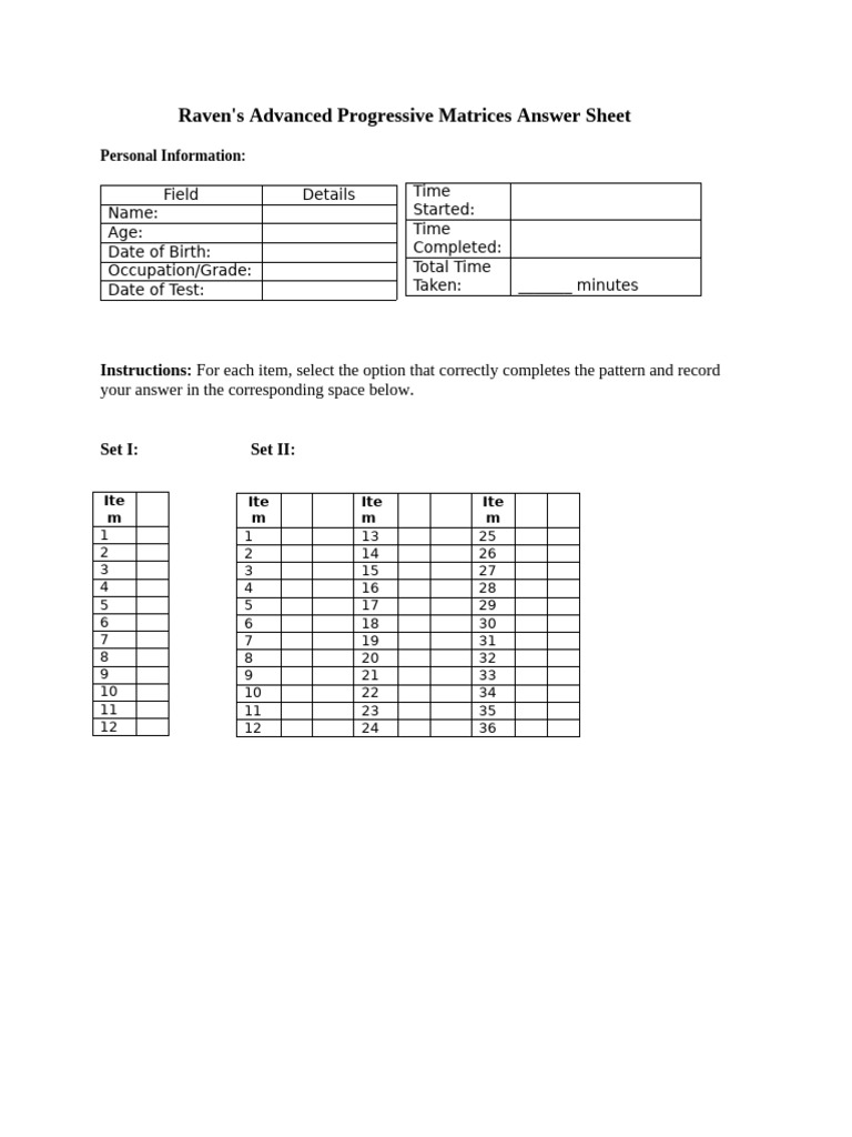 Raven's Advanced Matrices Answer Sheet | PDF