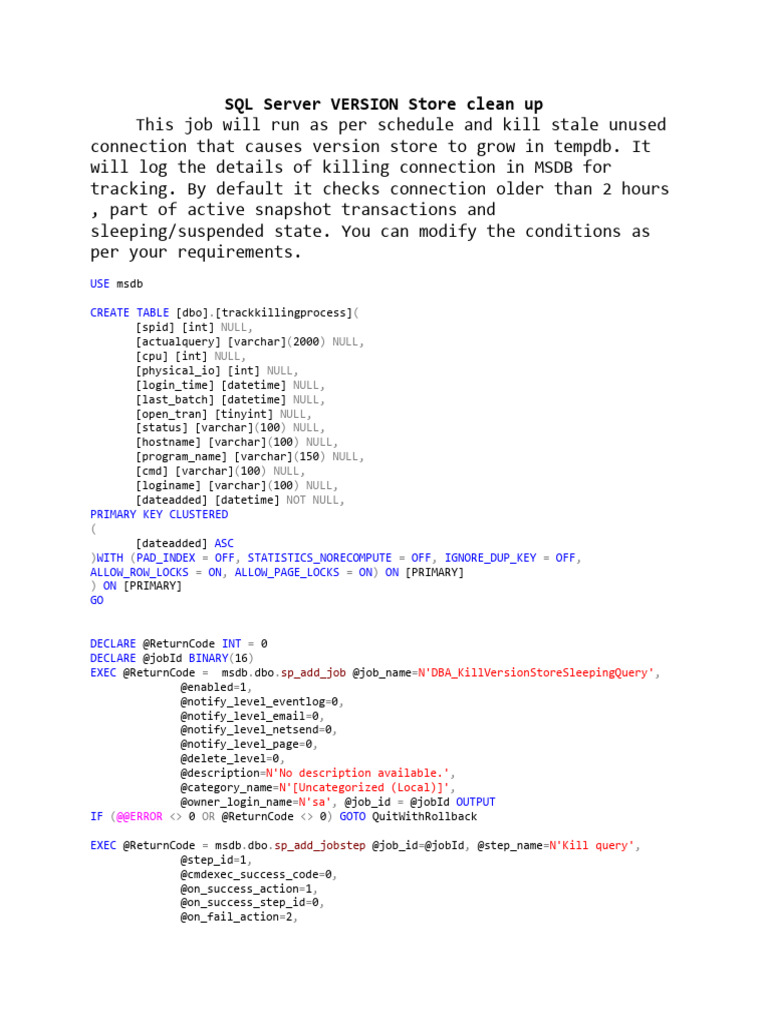 SQL Server Version Store Cleanup Job | PDF | Data Management Software ...