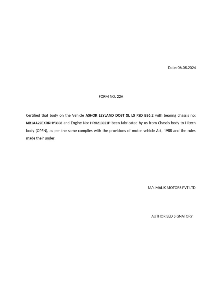 Vehicle Certification for Ashok Leyland Dost | PDF