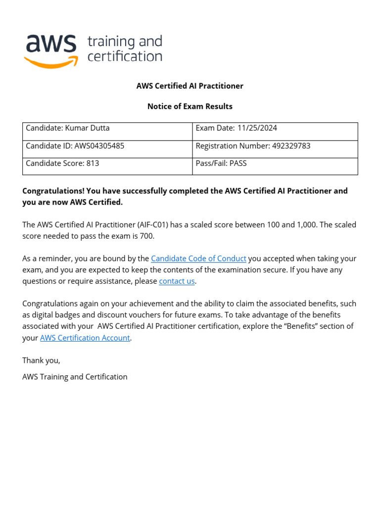 AWS Certified AI Practitioner Exam Results | PDF | Artificial ...