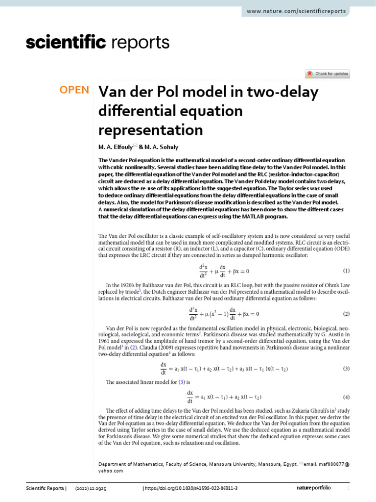 Van Der Pol Model in Two Delay Differential Equation Representation ...