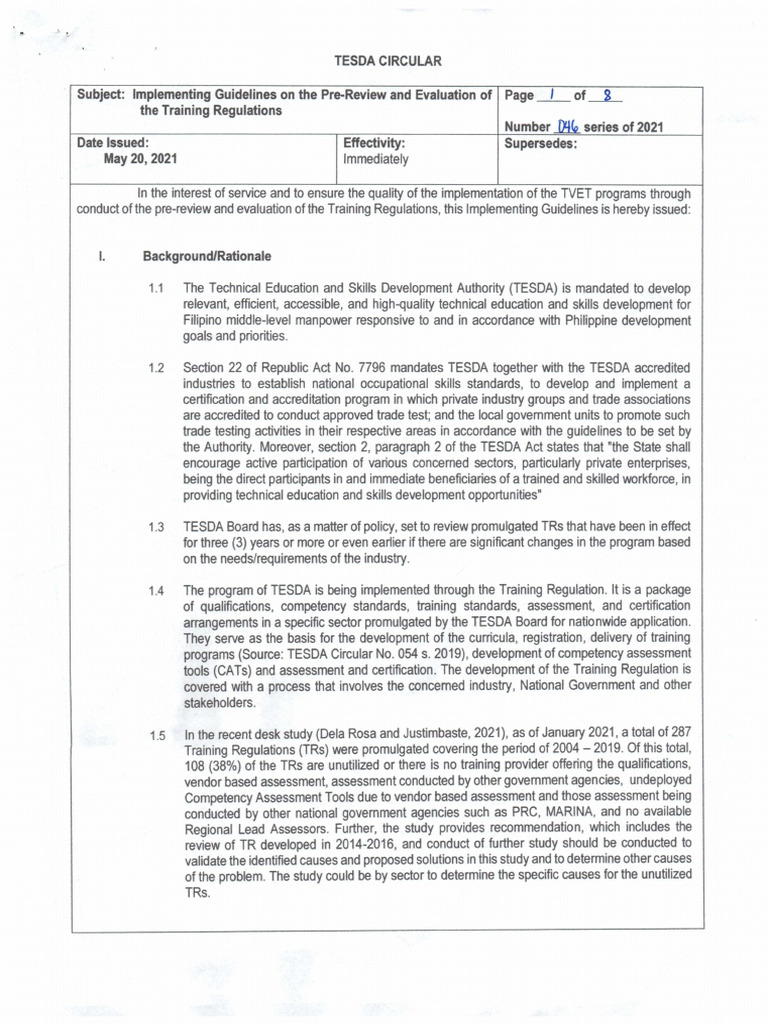 TESDA Guidelines for Training Regulation Review | PDF | Evaluation