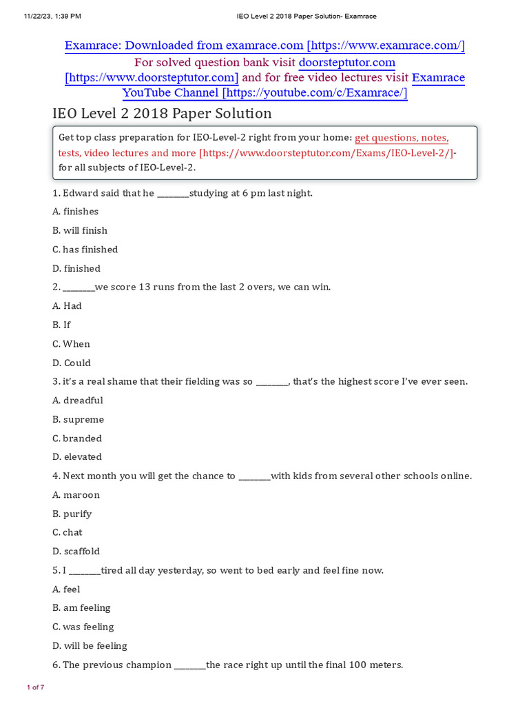 IEO Level 2 2018 Exam Solutions | PDF | Housekeeping | Squamata