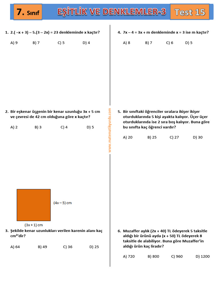 Test 15 EÅ itlik ve Denklemler3 PDF