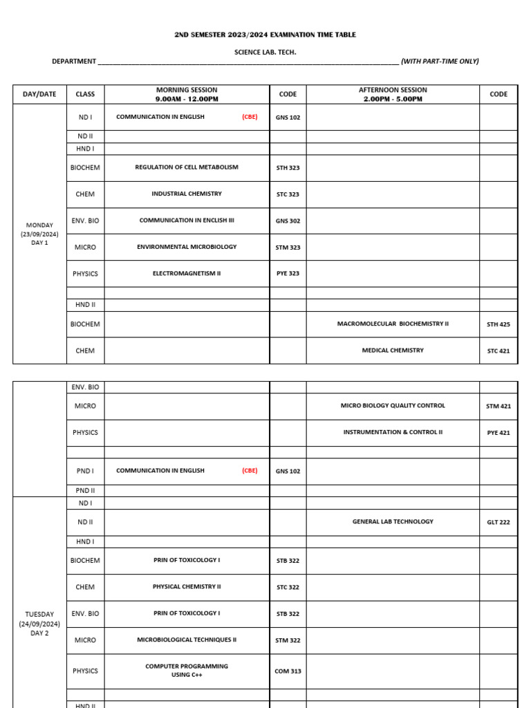 2023/2024 Science Lab Exam Schedule | PDF | Biology | Physical Sciences