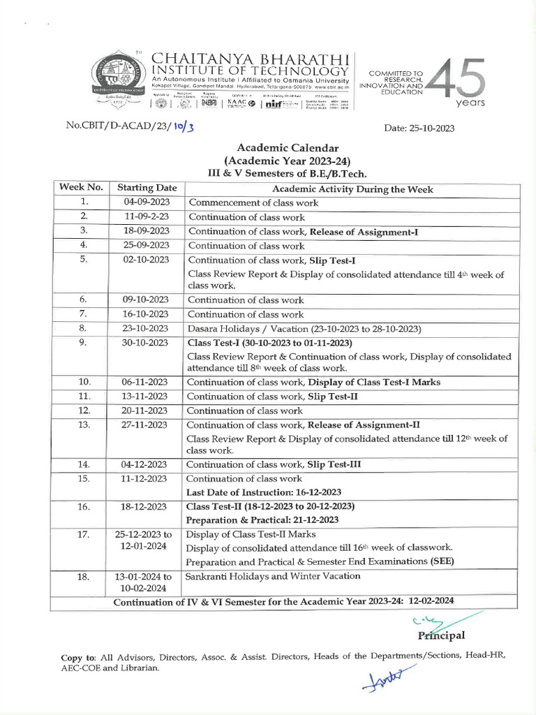 BE B.Tech - III V Semester - Academic Calendar - 2023 2024 | PDF