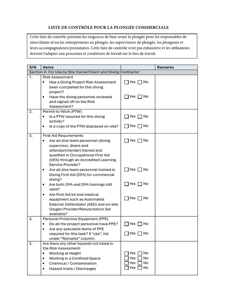 Commercial Diving Pre-Dive Checklist | PDF | Underwater Diving | Diving ...