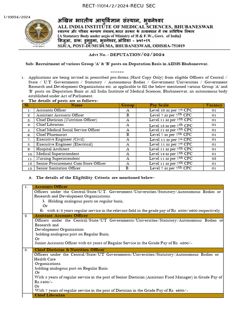 AIIMS Bhubaneswar Deputation Recruitment | PDF | Dietitian