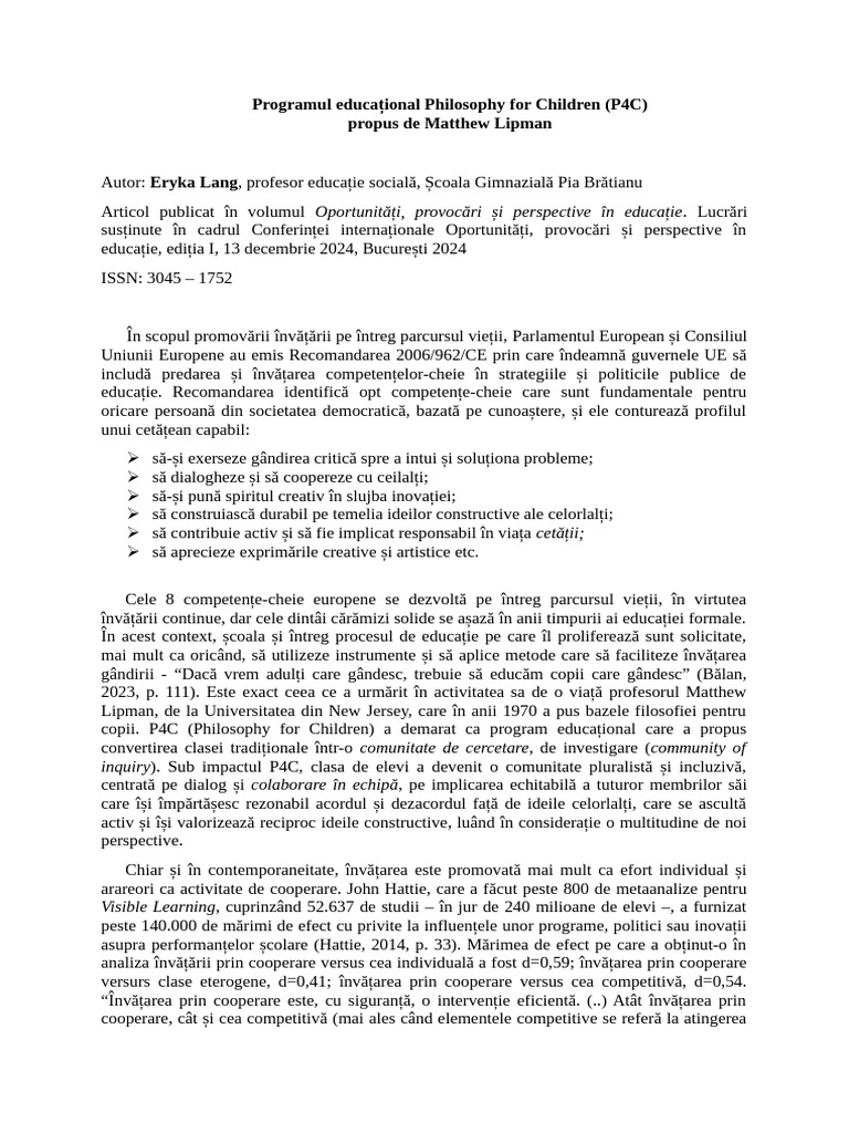 Programul Educațional Philosophy For Children (P4C) Propus de Matthew ...