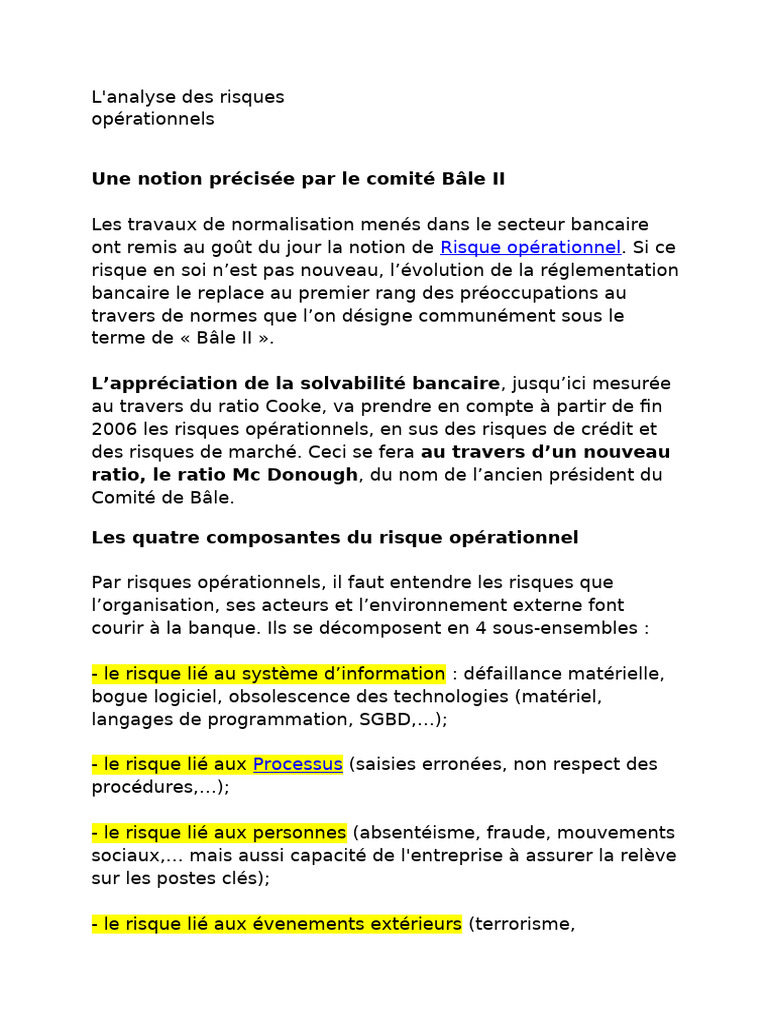 Analyse des risques opérationnels bancaires | PDF | Risque opérationnel ...