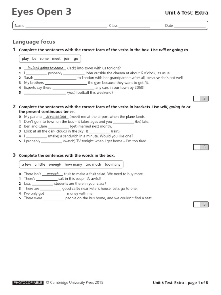 Unit 6 Extra Test for Eyes Open 3 | PDF