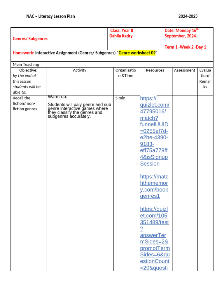 Year 8 Literacy Lesson Plan Overview | PDF | Narration | Part Of Speech