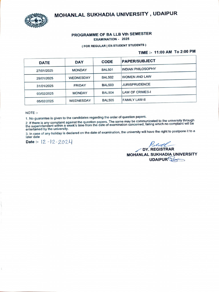 BA LLB Vth Semester Exam Dates 2025 | PDF