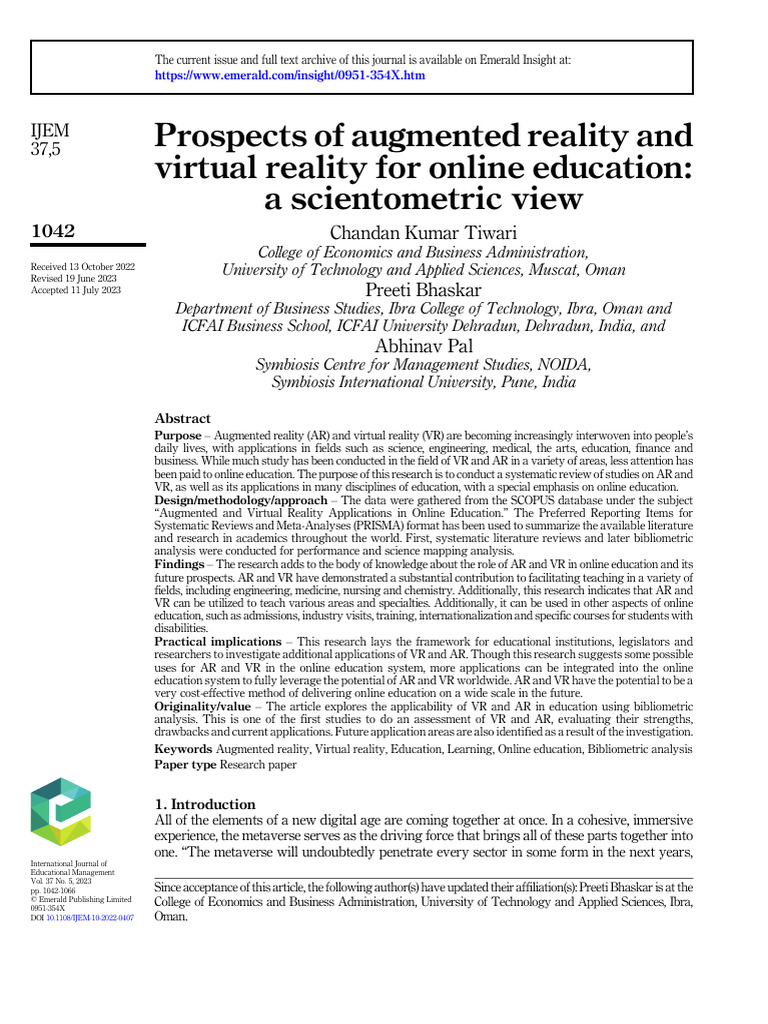 AR and VR in Online Education Prospects | PDF | Augmented Reality ...
