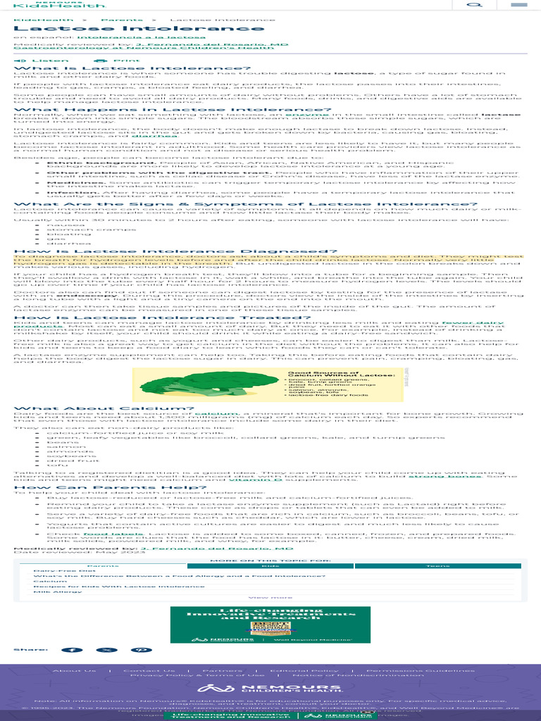 Lactose Intolerance (For Parents) - Nemours KidsHealth | PDF ...