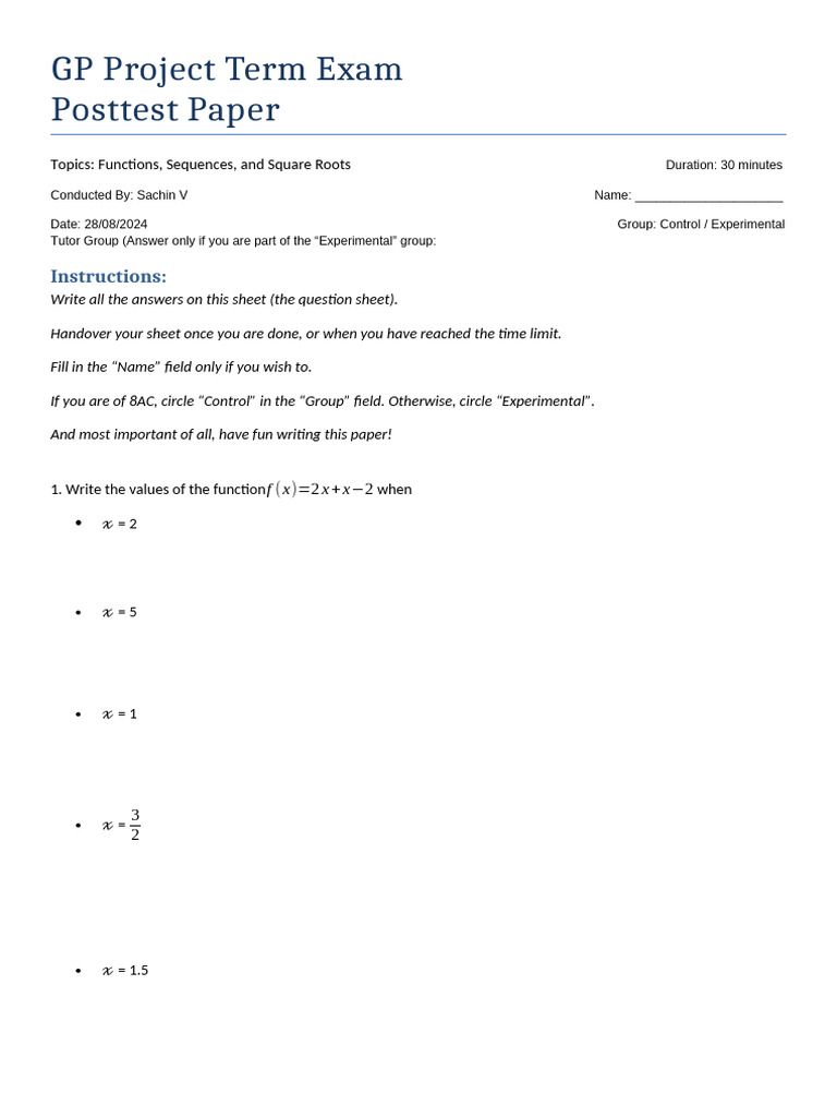 GP Project Term Exam: Functions & Sequences | PDF