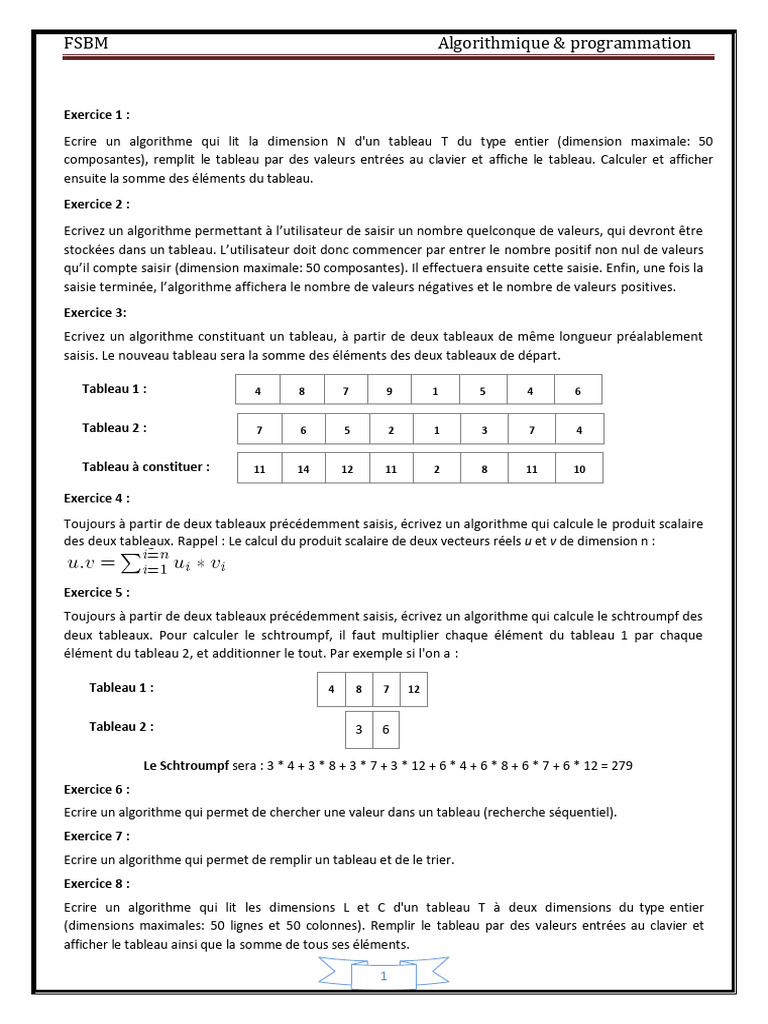 Algorithmes pour tableaux en programmation | PDF | Scalaire ...