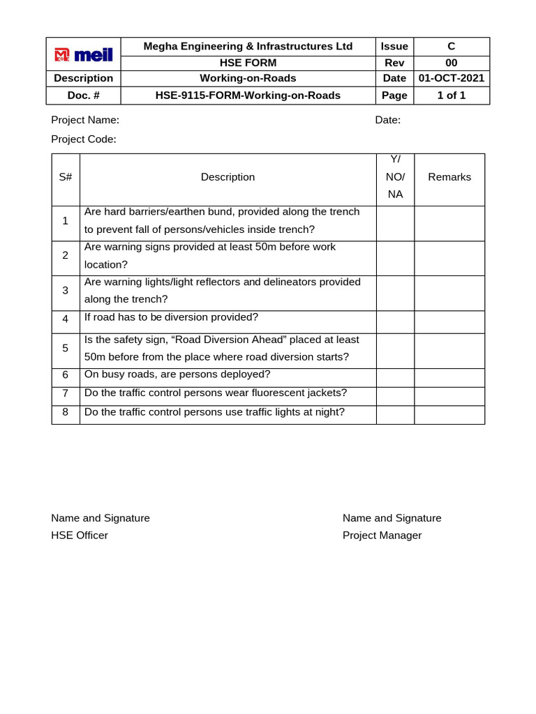 HSE 9115 FORM Working On Roads 00 | PDF