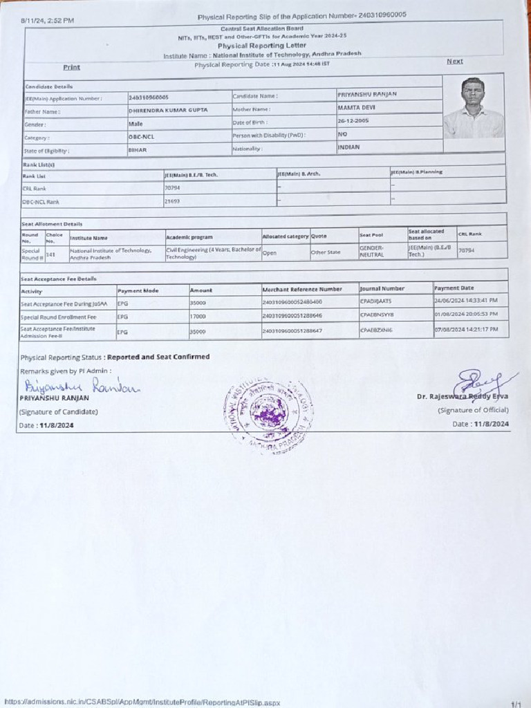 fee receipt NIT AP | PDF