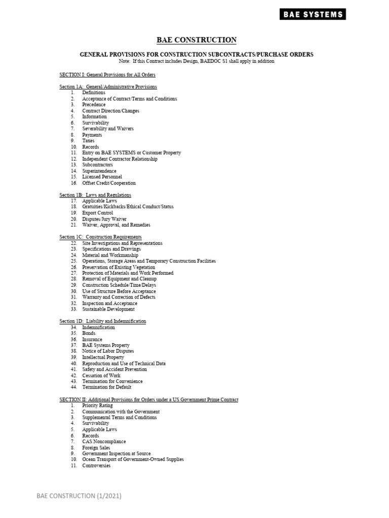 BAE Construction Contract Terms | PDF | Assignment (Law) | Subcontractor