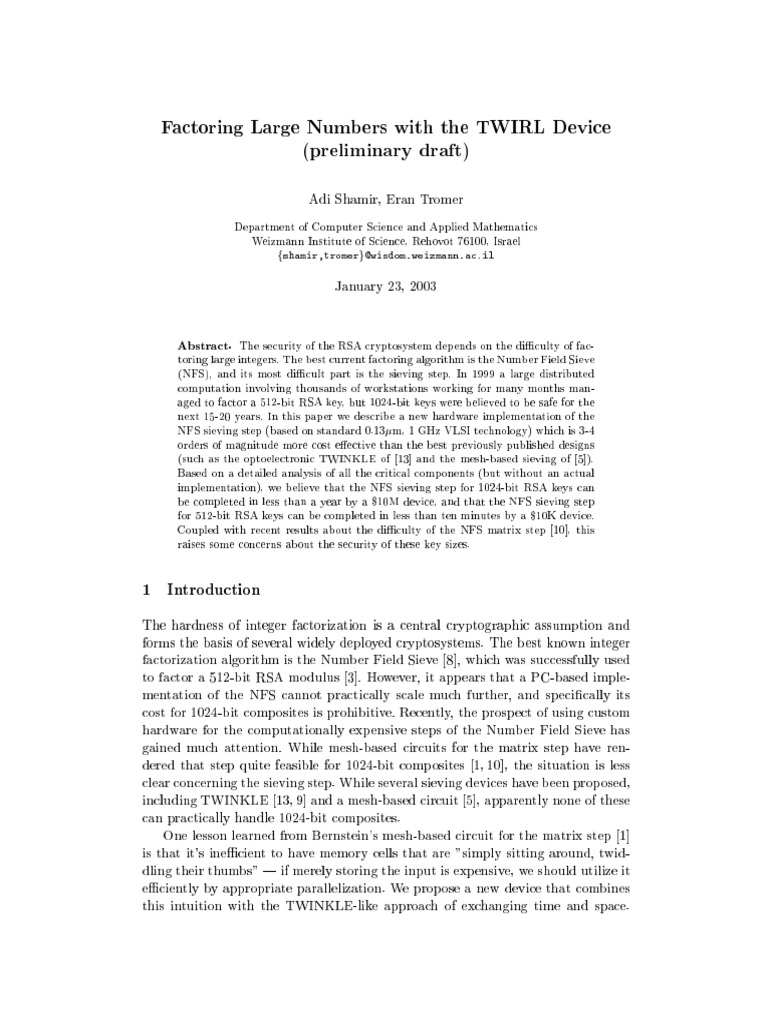 Shamir03 Factoring Large Numbers With The TWIRL Device | PDF ...