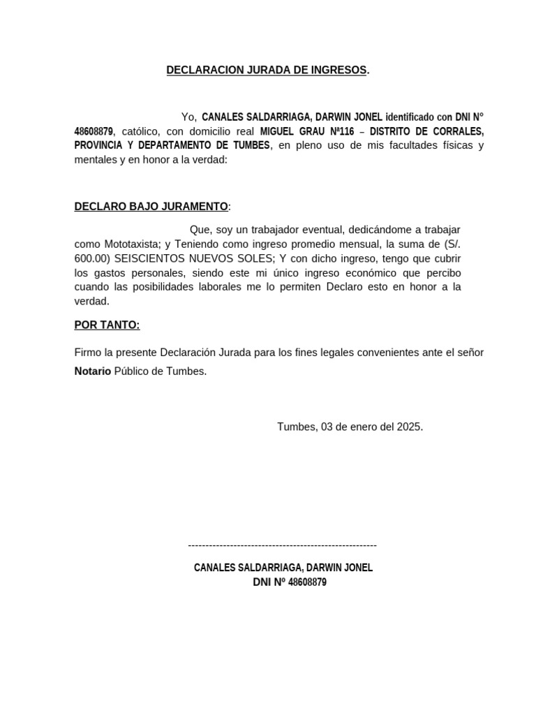 Declaración Jurada de Ingresos 2025 | PDF