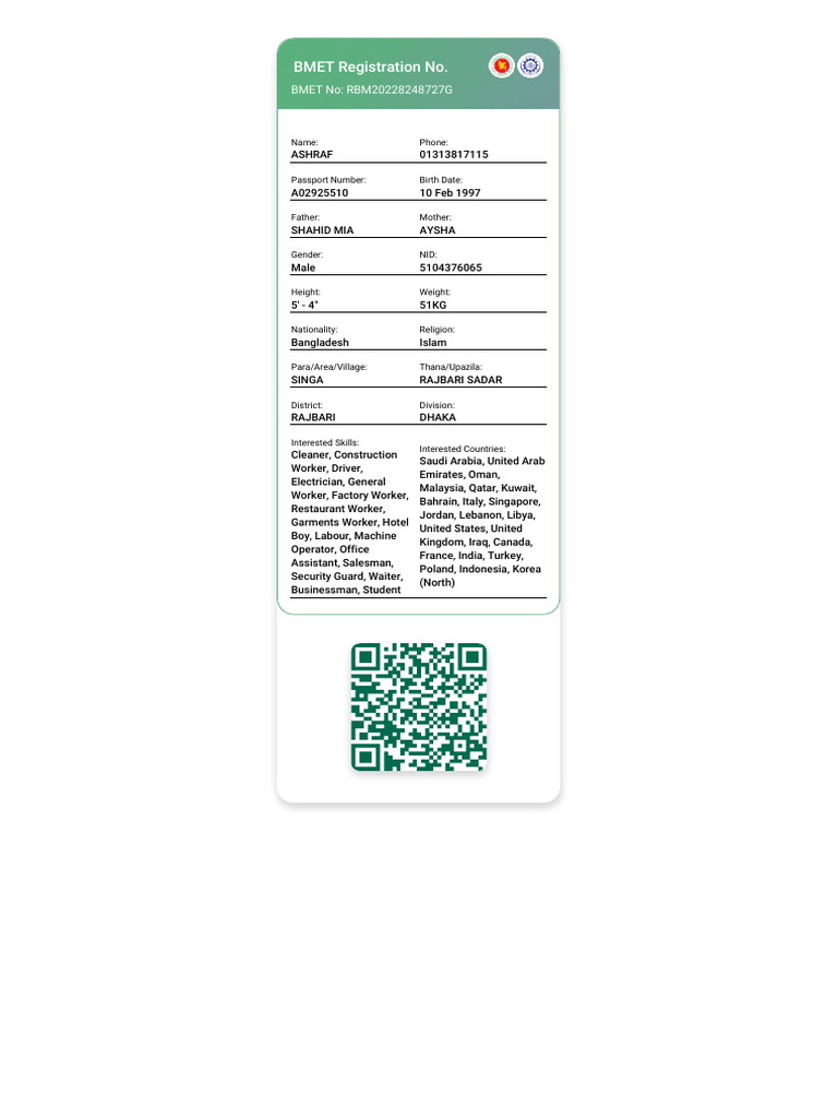 BMET Registration Details for Ashraf | PDF