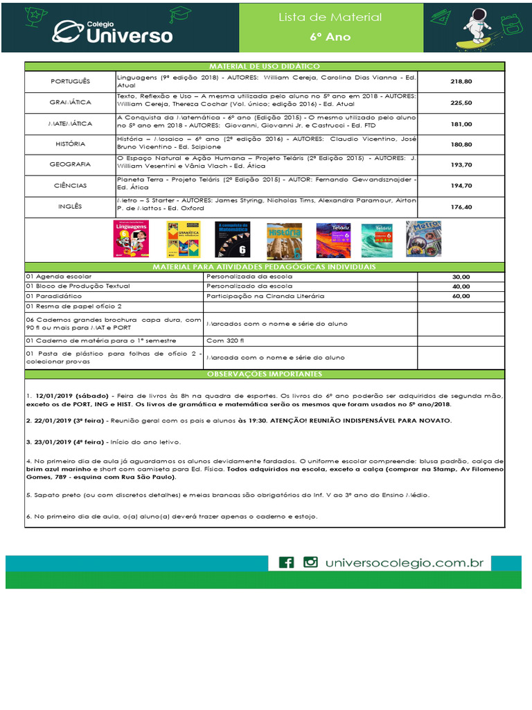 Lista de Material para 6º Ano | PDF