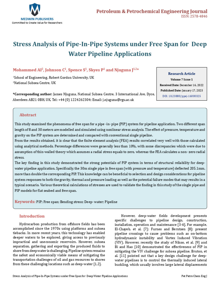 Stress Analysis of Pipe in Pipe Systems Under Free Span For Deep Water ...