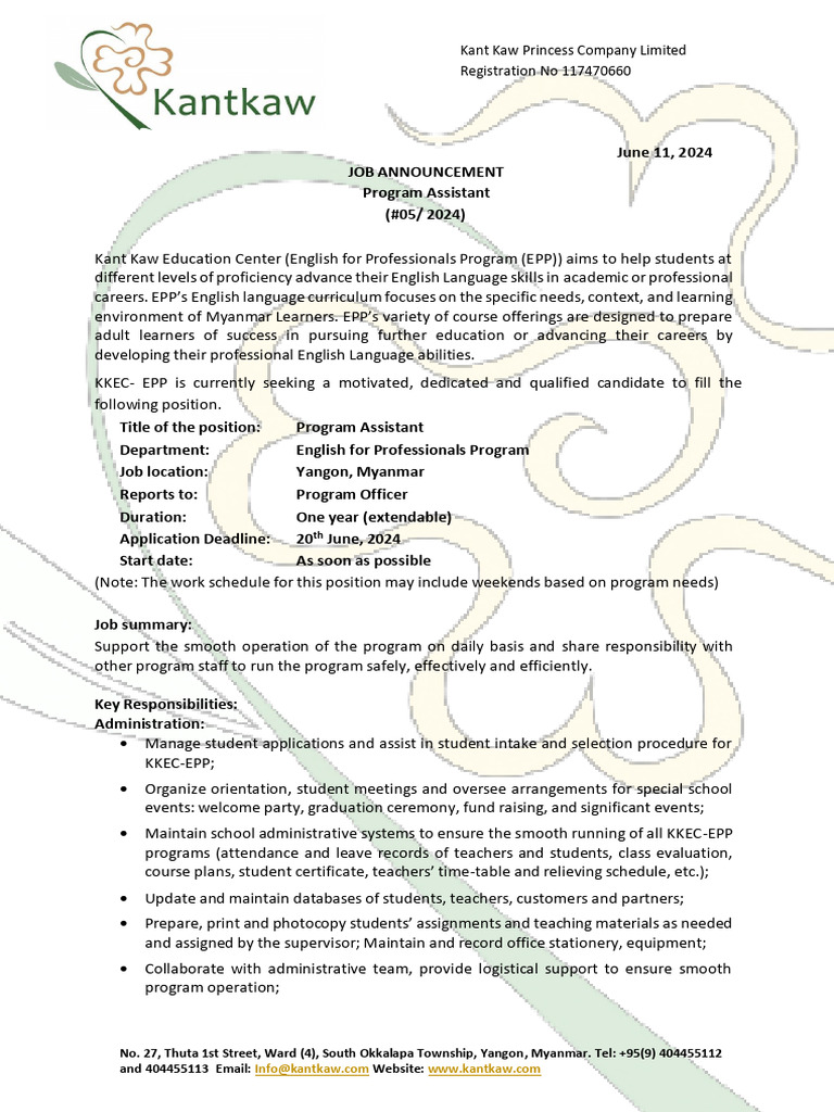 Program Assistant Job Opening in Yangon | PDF | Teachers | Learning