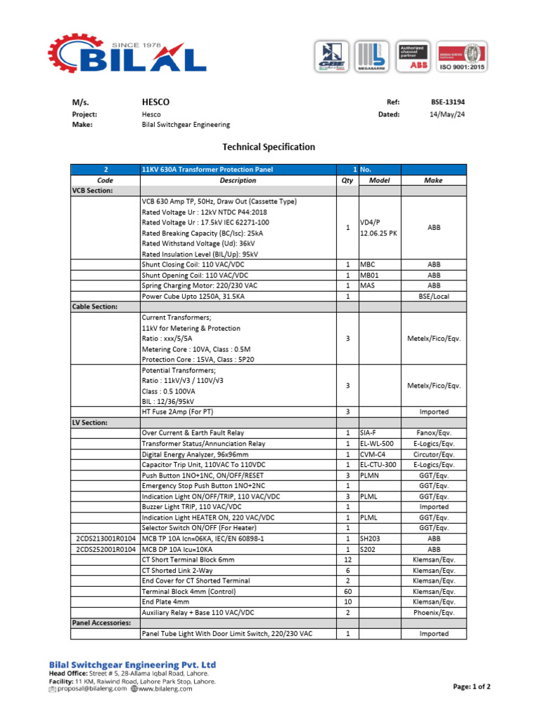HESCO 11kV Transformer Protection Panel | PDF | Transformer ...