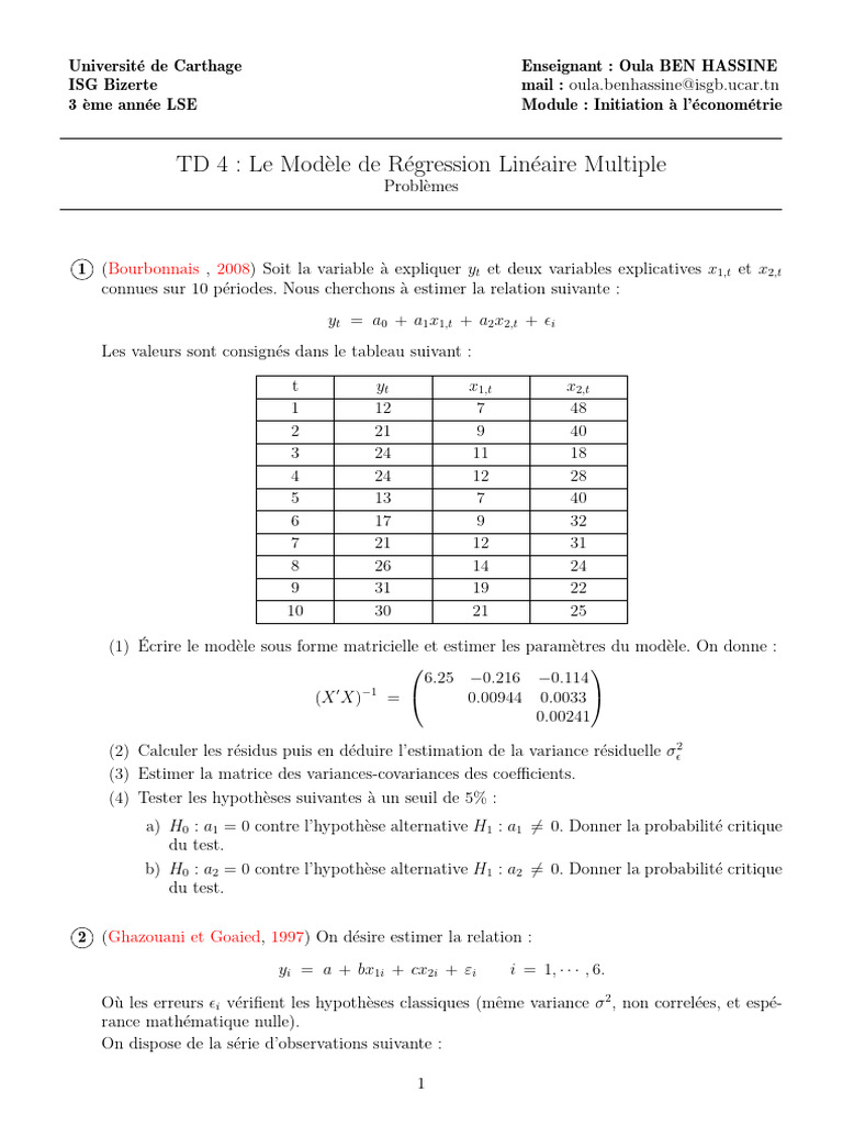 Modèle de Régression Linéaire Multiple | PDF | Régression linéaire ...